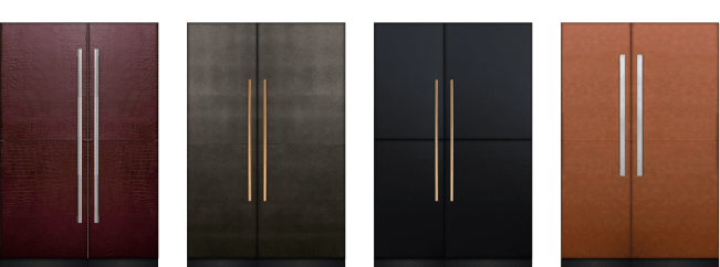 Custom JennAir Brand leather cut panels in Croc, Cognac, Carbon and Caviar. 